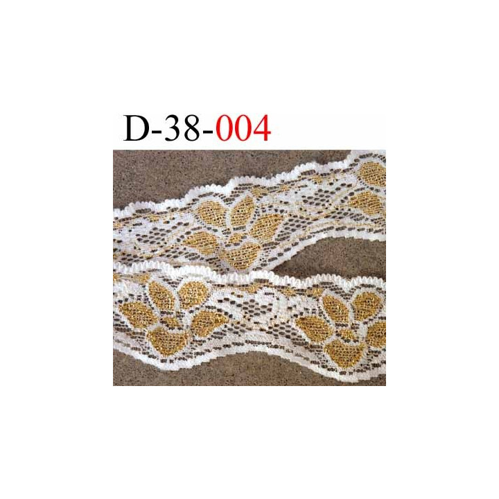 dentelle synthétique lycra extensible motif fleur largeur 38 mm couleur écru et or doré brillant superbe prix au mètre