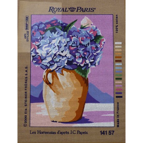 canevas 30X40 marque ROYAL PARIS thème les hortensias dimennsion 30 centimètres par 40 centimètres 100 % coton