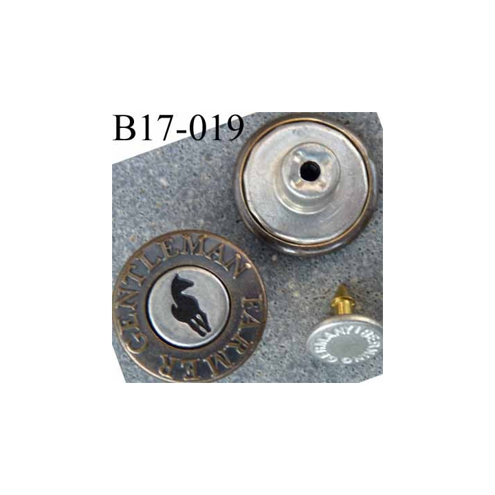 Bouton pour jeans 17 mm haut de gamme siglé Gentleman Farmer en métal diamètre 17 mm couleur acier bronze et noir avec  clou