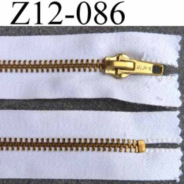 fermeture zip à glissière longueur 12 cm couleur blanc et zip doré non séparable zip métal  largeur 3.2 cm largeur du zip 6 mm