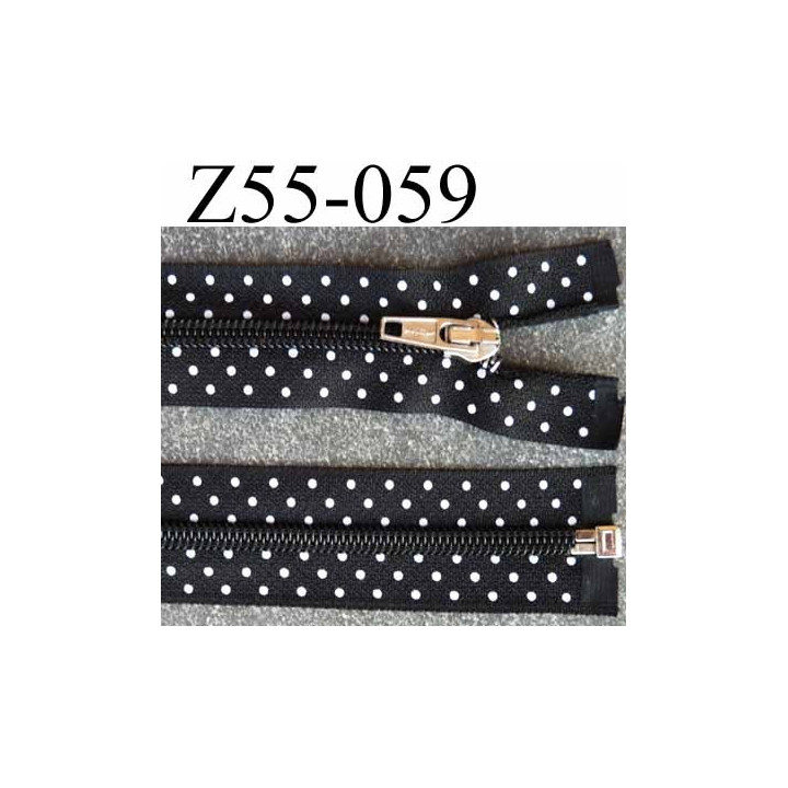 fermeture zip noir à pois blanc largeur 3.2 cm longueur 55 cm  séparable largeur de la glissière nylon 6 mm curseur en métal