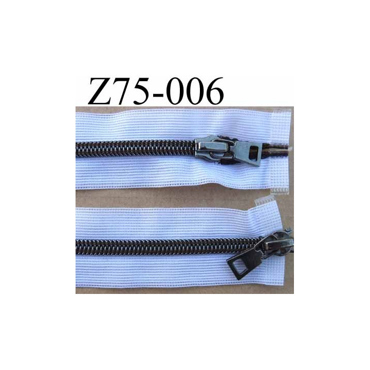 fermeture invisible longueur 75 cm  blanc et noir non séparable double curseur métal  largeur 3 cm largeur du zip nylon 6 mm