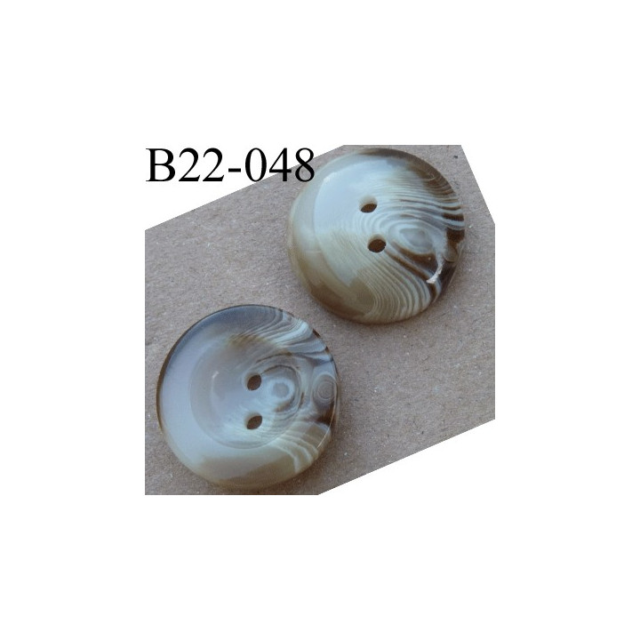 Bouton 22 mm couleur marron beige ivoire marbré brillant  2 trous épaisseur 7 mm  diamètre 22 millimètres