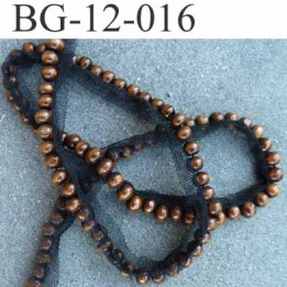 biais galon ruban avec perles bois de 7 mm monté sur tulle dentelle couleur marron et noir largeur 12 mm  prix au mètre
