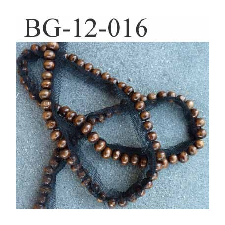 biais galon ruban avec perles bois de 7 mm monté sur tulle dentelle couleur marron et noir largeur 12 mm prix au mètre