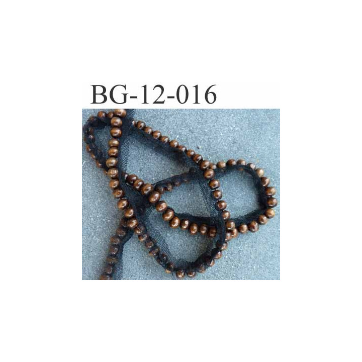 biais galon ruban avec perles bois de 7 mm monté sur tulle dentelle couleur marron et noir largeur 12 mm  prix au mètre