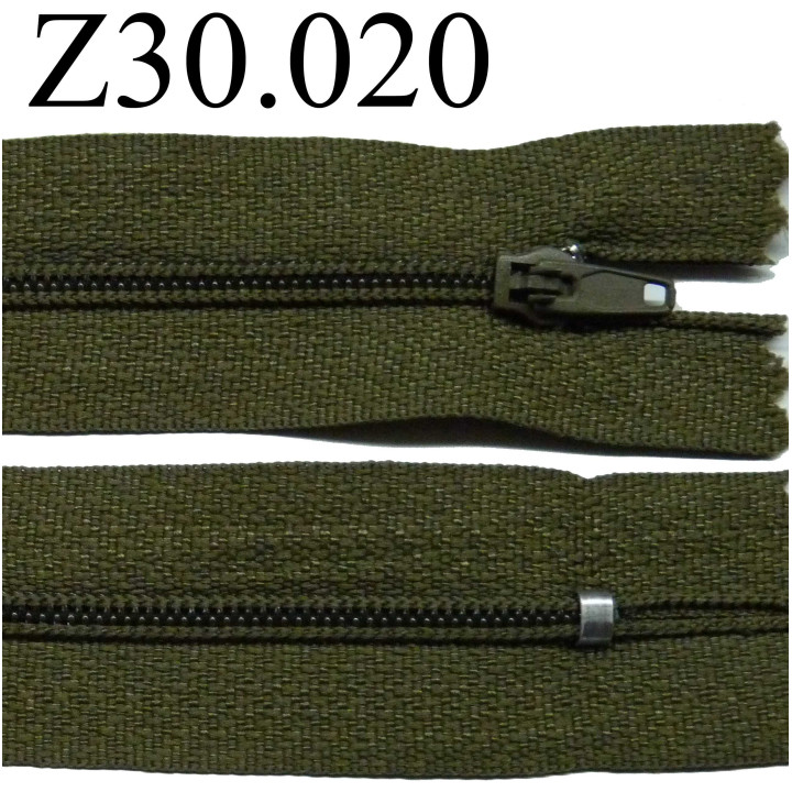 fermeture éclair 30 cm couleur vert kaki  zip nylon non séparable 