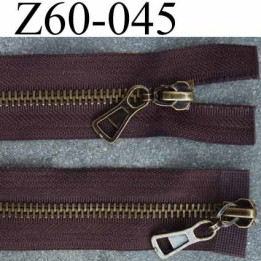 fermeture 60 cm marron double curseur largeur 3.2 cm  non séparable zip métal laiton largeur 6 mm