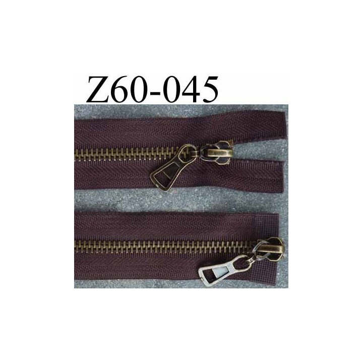 fermeture 60 cm marron double curseur largeur 3.2 cm  non séparable zip métal laiton largeur 6 mm
