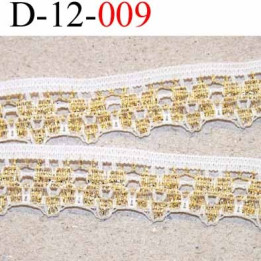 dentelle synthétique couleur blanc et or doré plus que sur la photo  largeur 12 mm prix au mètre