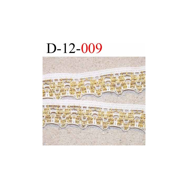dentelle synthétique couleur blanc et or doré plus que sur la photo  largeur 12 mm prix au mètre