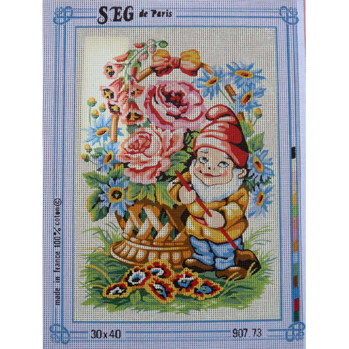 canevas 30X40 marque SEG DE PARIS thème nain de jardin  dimension 30 centimètres par 40 centimètres 100 % coton