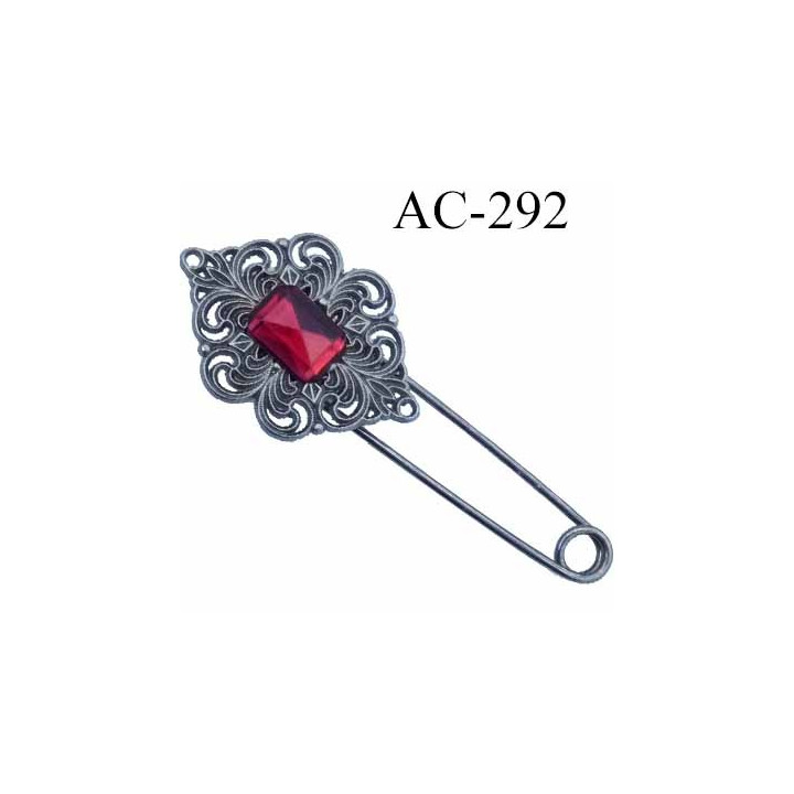 broche en métal montée sur épingle avec pierre imitaion rubis style ancienne  largeur 8 cm hauteur 3 cm