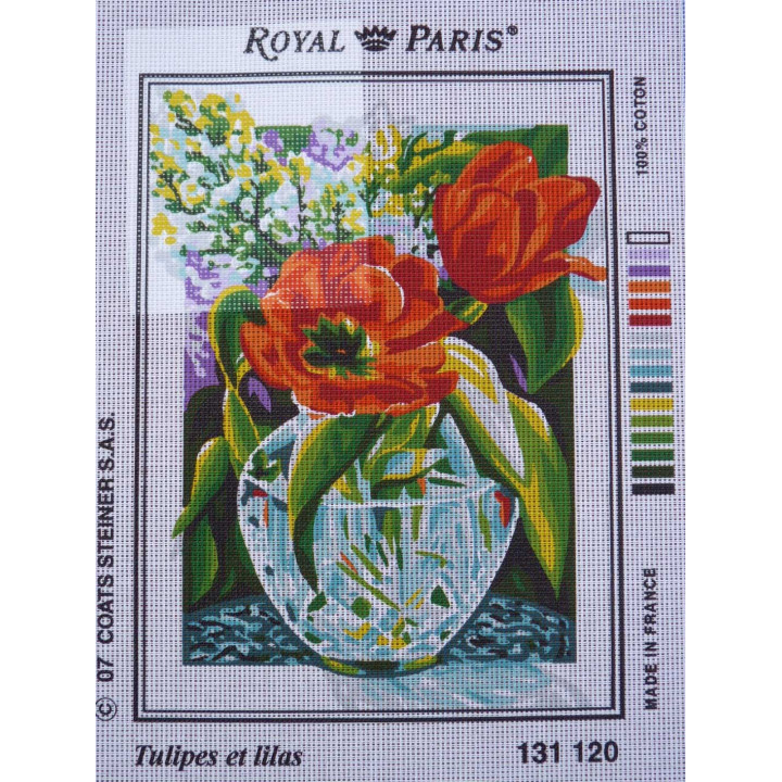 canevas 30X40 marque ROYAL PARIS thème tulipes et lilas dimension 30 centimètres par 40 centimètres 100 % coton